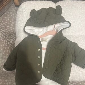 Olive Green Quilted Kids Jacket with Bear Ears